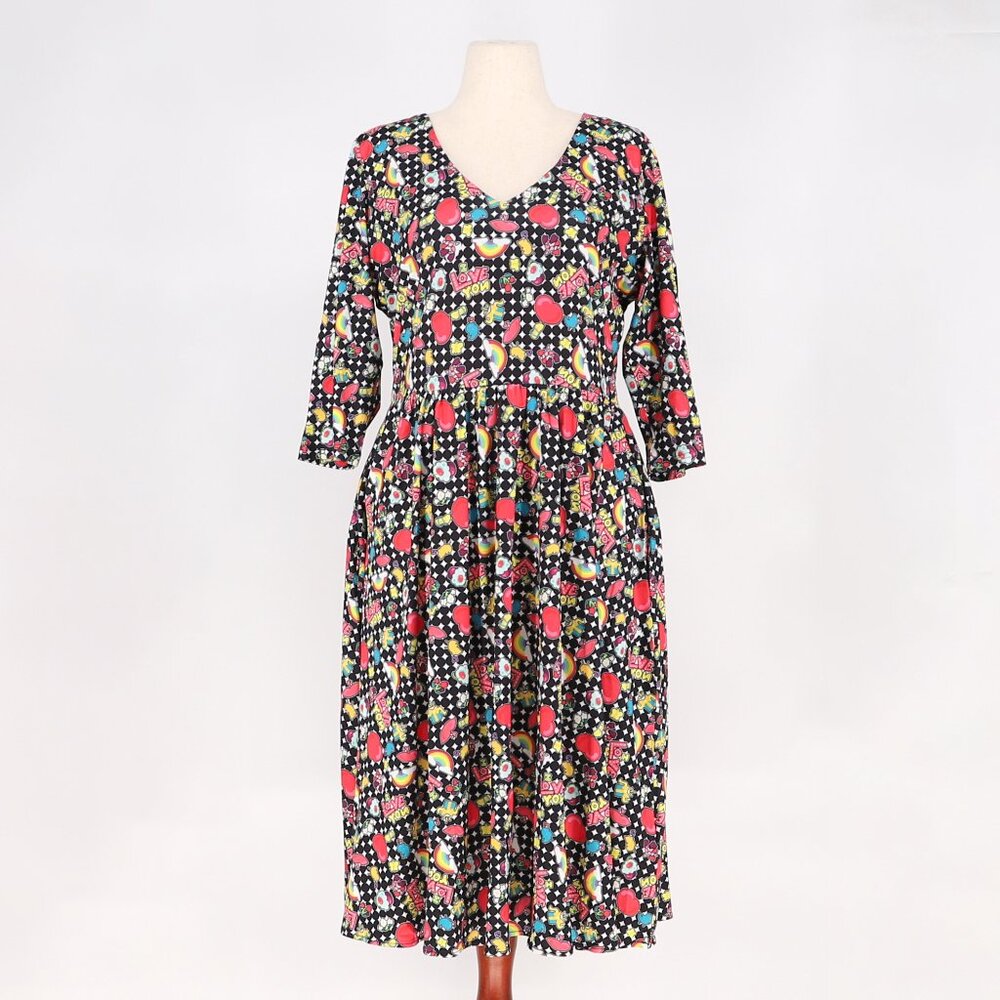 NWT DOLLY & DOTTY Black & Rainbow Retro Print Flare Dress Size 12
